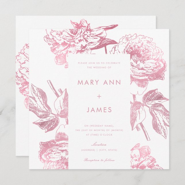 Enkel Blommigt för Eleganten Ro Guld, Bröllop Inbjudningar (Fram/baksida)