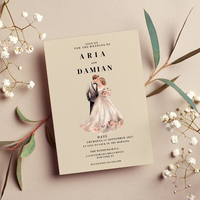 Enkel blommigt för elfenben rosa med foto Bröllop Inbjudningar (Simple ivory pink floral couple photo Wedding )