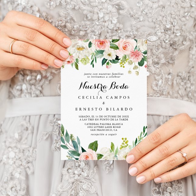 Enkel Blommigt Grönt Foliage Nuestra Boda Bröllop Inbjudningar (Skapare uppladdad)