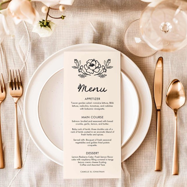 Enkel Blommigt Hand plockade Bröllop-meny Meny (Hand Drawn Floral Wedding Menu Card)