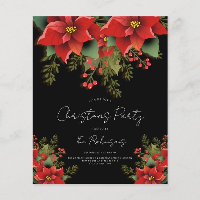 Enkel Blommigt jul, Helgdag Black Inbjudan Menu Flygblad (Framsidan)