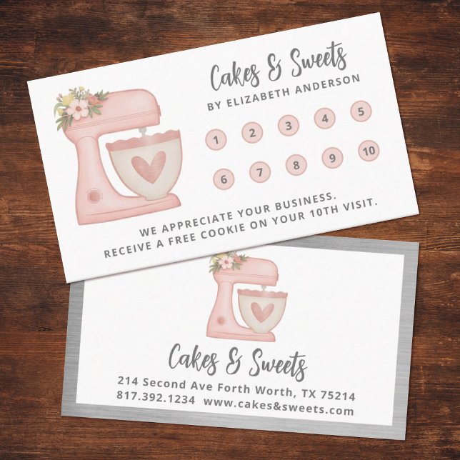 Enkel Blommigt - Kake Bakery Business Lojalitetskort (cute pink mixer loyalty punch card. Personalize it for your business.)