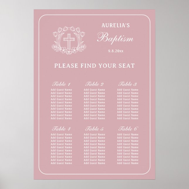Enkel Blommigt Kor på Rosa Baptism Sittdiagram Poster (Framsidan)
