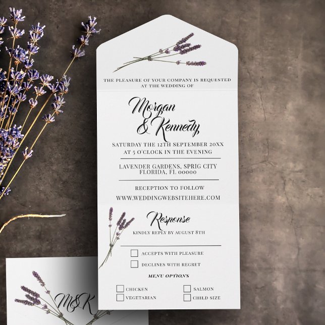 Enkel Blommigt Lavender Sprig OSA Bröllop (A lovely lavender all in one wedding invitation with attached RSVP waiting for your wedding details)