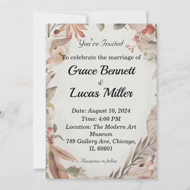 Enkel blommigt målad inbjudan till mjukt bröllop (Framsida)