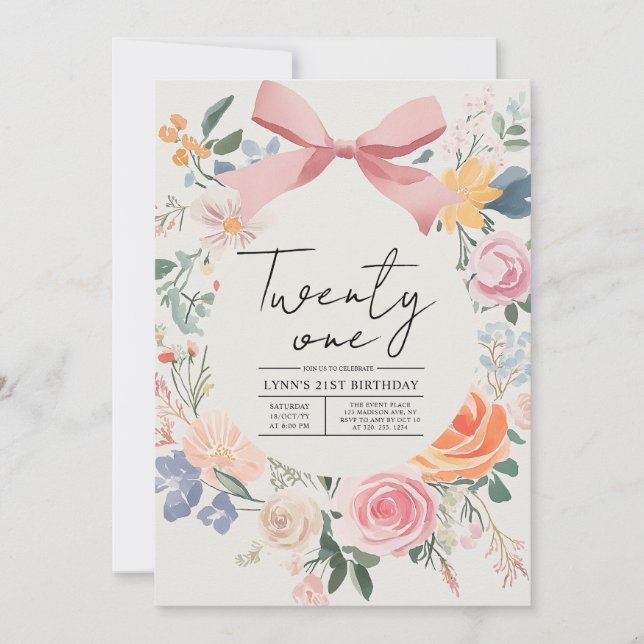 Enkel blommigt och Elegant 21:a födelsedag Party Inbjudningar (Framsida)