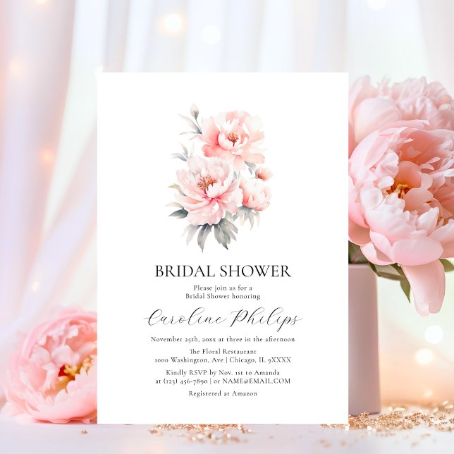 Enkel Blommigt Peonies  Rosa MÖHIPPA Inbjudningar (Simple Floral Peonies Blush Pink BRIDAL SHOWER Invitation)