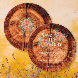 Enkel Blommigt Rustic Wood Träd Bark Bröllop Spara Datumet