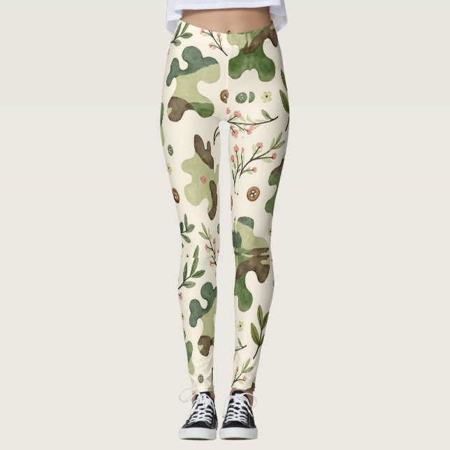 Enkel Blommigt Sprigs Camouflage Mönster Leggings (Framsida)