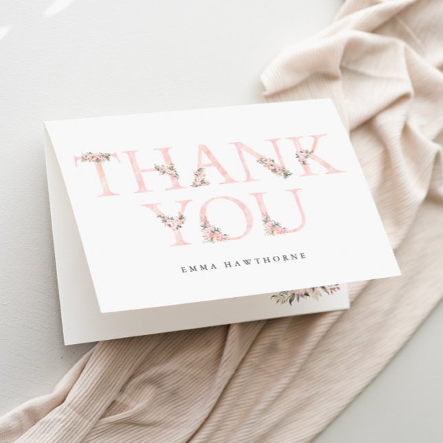 Enkel Blommigt Typografi Rosa Babykläder Tack Kort (Elegant Floral Typography Pink Baby Shower Thank You Cards.)