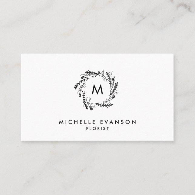 Enkel Blommigt Utandning Monogram svart och vit Visitkort (Framsida)
