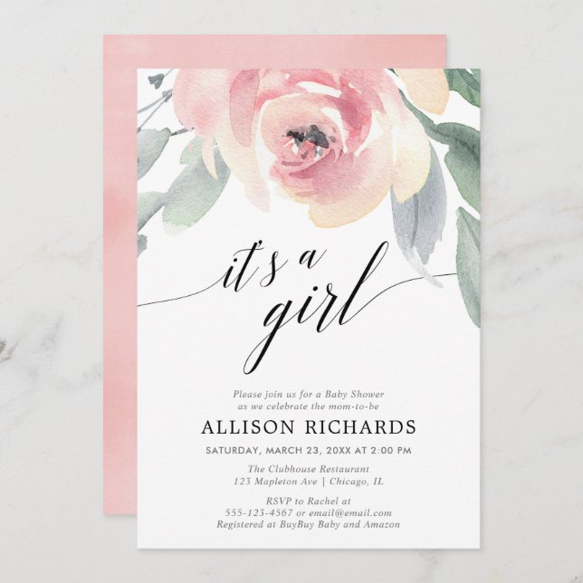 Enkel  blommigt, vattenfärgad babydusch inbjudningar (Fram/baksida)