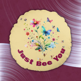 Enkel Blommigt vattenfärgsmonogram bi på persika Rund Kudde