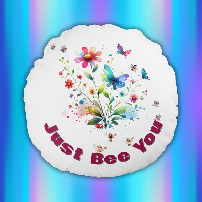 Enkel Blommigt vattenfärgsmonogram bi på vitt Rund Kudde (Skapare uppladdad)