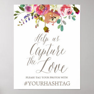 Enkel Blommigt Watercolor Bouquet Bröllop Hashtag Poster