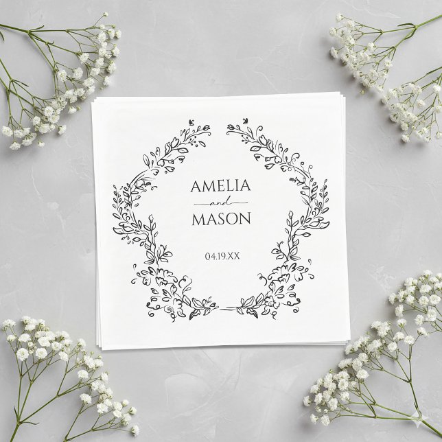 Enkel blomram svart och vitt pappersbröllop pappersservett (Simple Floral Frame Black and White Paper Wedding Napkins)