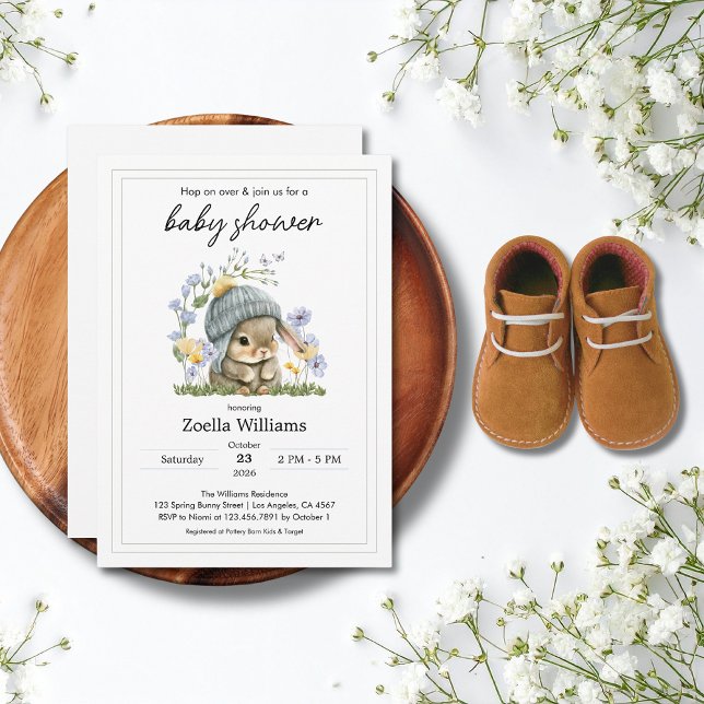 Enkel Blomster Kanin Baby Shower Inbjudan (Baby Shower Invitation Simple Flowers Bunny 5)