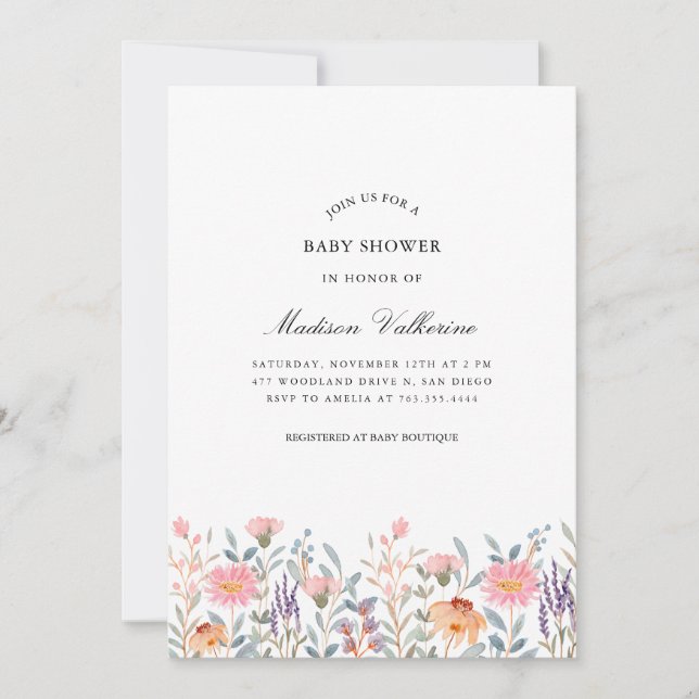 Enkel Blomsterträdgård Babyshower i Akvarell Inbjudningar (Framsida)