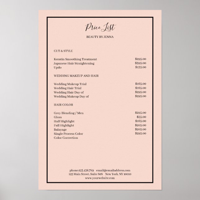 Enkel Blush Black Prislista Affisch (Framsidan)