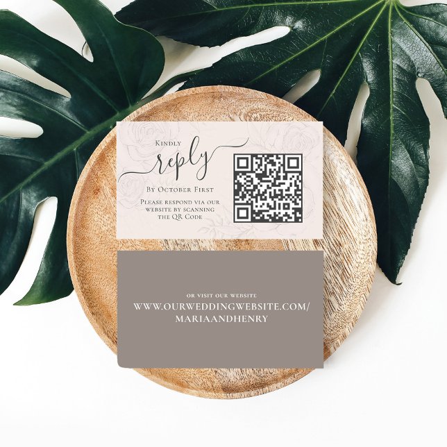 Enkel Blush Kalligrafi Svar QR-kod Online Tilläggskort (Wedding reply enclosure card with an elegant floral transparent background.)