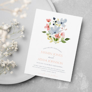 Enkel Boho Blå och Rosa Blommig Bröllop Inbjudningar