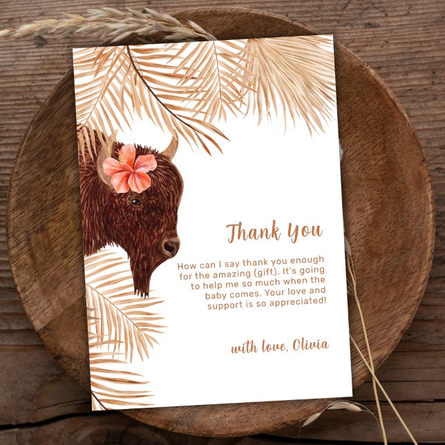 Enkel Boho Blommigt Heliga  Cow Girl Baby Shower Tack Kort (Simple Boho Floral Holy Cow Girl Baby Shower Thank You Card)