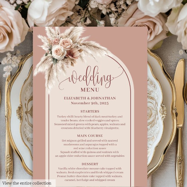 Enkel Boho Dammtrosa Pampas Blommig Bröllopsmeny Meny (Simple Boho Dusty Rose Pampas Floral Wedding Menu)