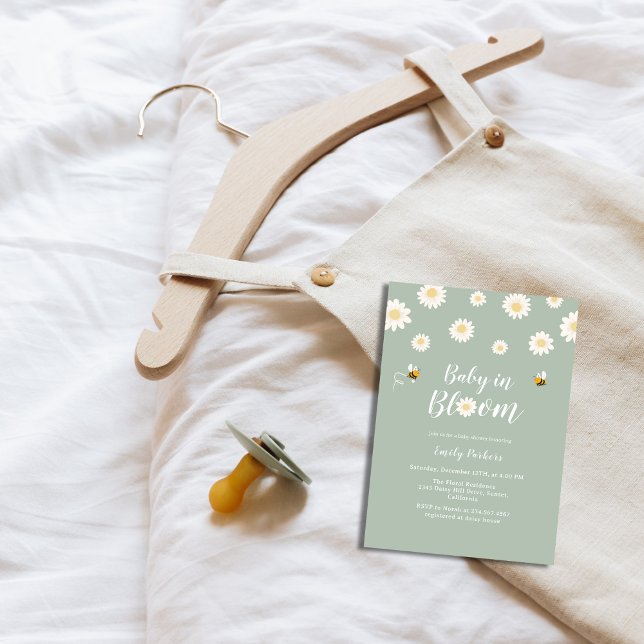 Enkel Boho-Grönt Daisy Baby i blobdusch Inbjudningar (Simple Boho Green Daisy Baby In Bloom Shower Invitation)
