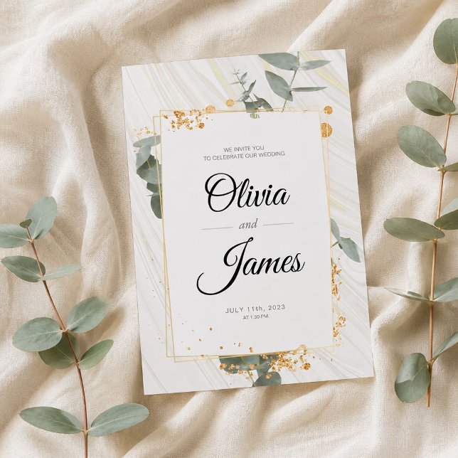 Enkel boho guldgrön elegant förlovningsbröllop inbjudningar (Elegant Eucalyptus Botanical Gold Wedding Invitation, Wedding Announcement)