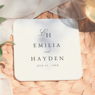 Enkel Boho Minimal Monogram Bröllop Underlägg Papper Kvadrat