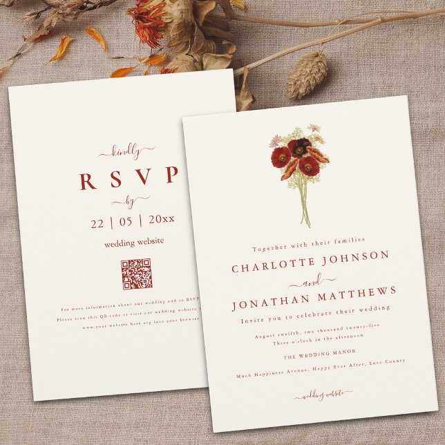 Enkel Boho Vildblomma Brun Orange Bröllop Inbjudningar (Wildflower bouquet brown orange watercolor floral Wedding QR Code invitation)