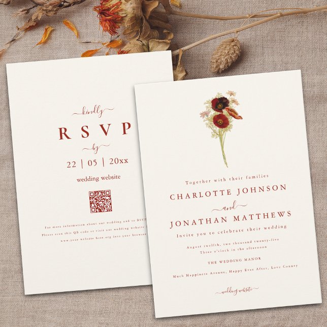 Enkel Boho Vildblomma Höst QR-kod via Bröllop Inbjudningar (Simple Wildflower brown orange floral Wedding qr code invitation )