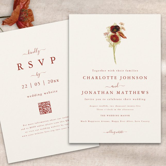 Enkel Boho Vildblomma Höstbröllop Inbjudningar (Simple wildflower burnt orange script wedding invitation with wedding website qr code)