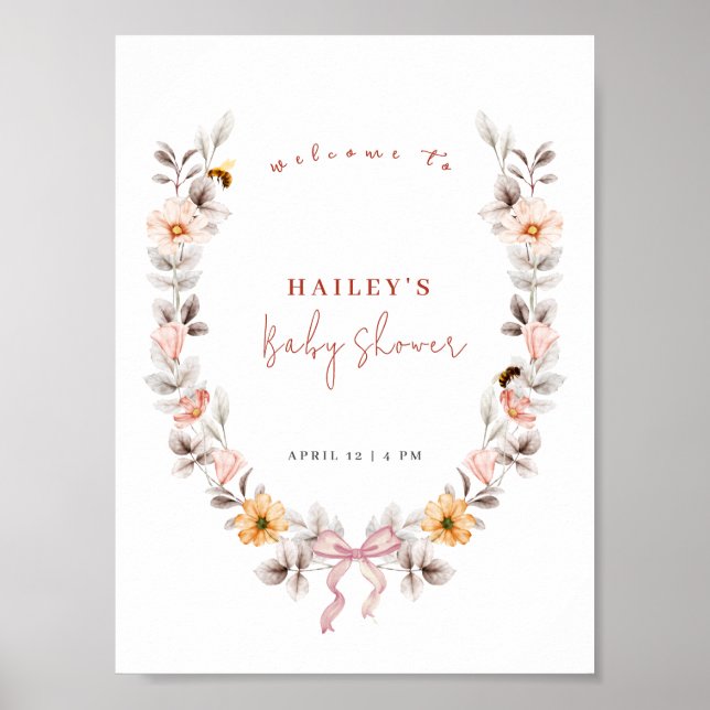 Enkel Boho Vildbloms Krans Välkommen Baby Shower Poster (Framsidan)