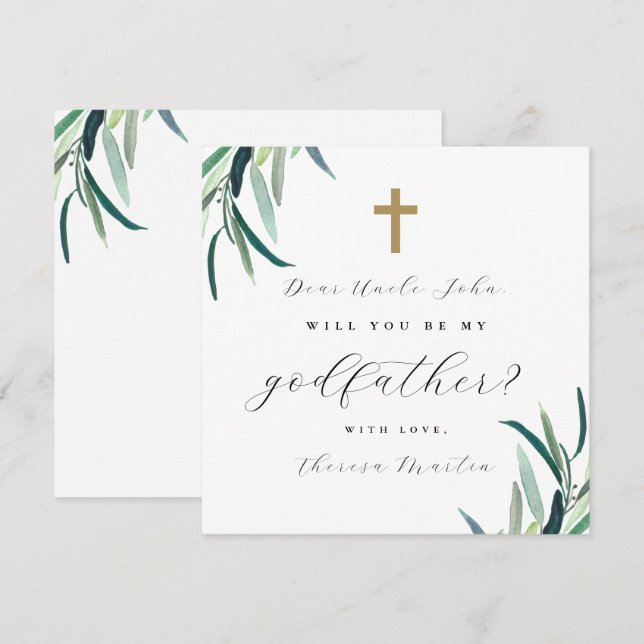 Enkel Botanisk Fadderförfrågan med Kors  Inbjudningar (Fram/baksida)