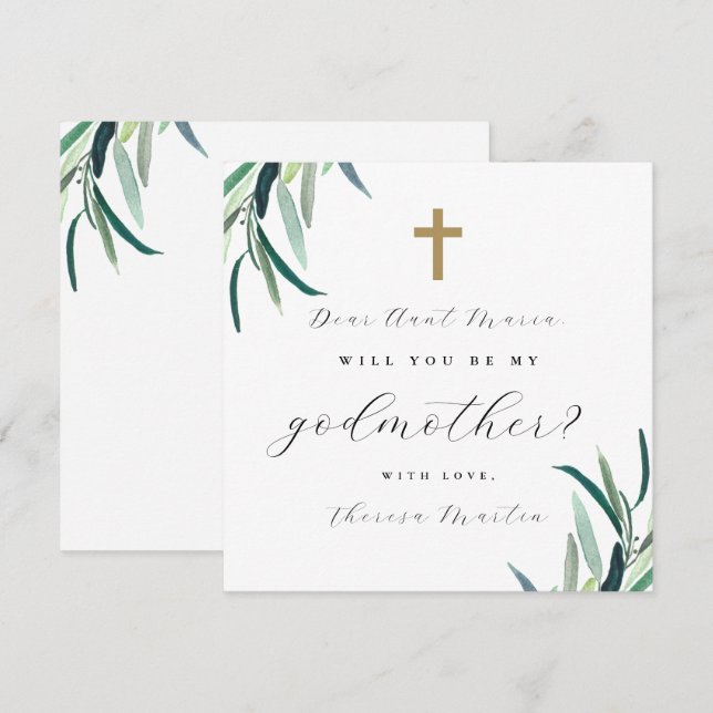 Enkel botanisk fadderförfrågan med kors  inbjudningar (Fram/baksida)