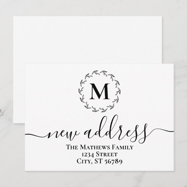 Enkel Botanisk Krans Monogram Ny Adress Meddelande (Fram/baksida)