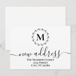 Enkel Botanisk Krans Monogram Ny Adress Meddelande