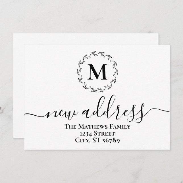 Enkel Botanisk Krans Monogram Ny Alamat  Meddelande (Fram/baksida)