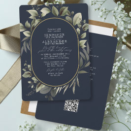 Enkel botanisk RSVP QR-kod Mörk Navy Bröllop Inbjudningar
