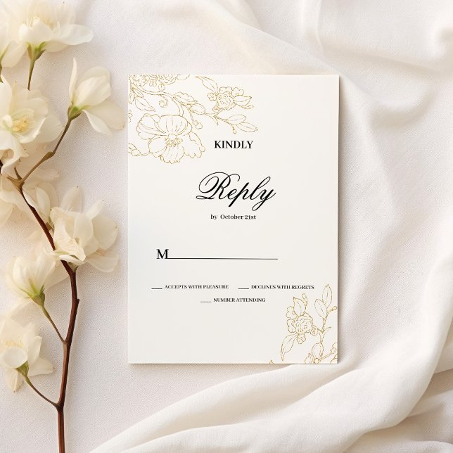 Enkel Bröllop OSA för vit guld-blommigt i elegant Inbjudningar (Simple elegant white gold floral Wedding RSVP)