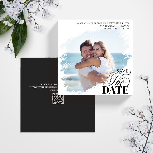 Enkel Bröllopsfoto Spara Datum Anpassad Meddelande (Wedding save the date photo square card.)