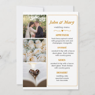 Enkel bröllopsmeny med bilder inbjudningar