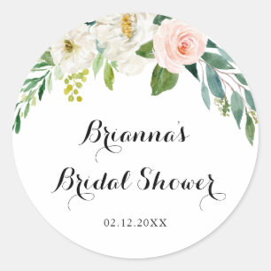 Enkel bröllopspresentfavorit med grön blomsterlöv runt klistermärke