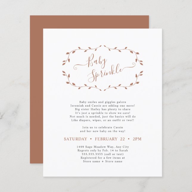 Enkel budget botanisk terrakotta baby shower  (Fram/baksida)