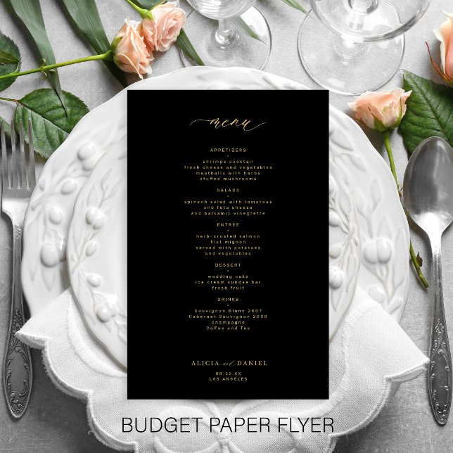 Enkel budget svart vigselmeny med guldsnitt flygblad (Skapare uppladdad)