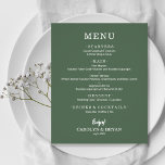 Enkel budgetElegant Evergreen Bröllop Menu<br><div class="desc">Ett prisvärt, pappert servergrönt menykort med dina matval i chic-vita brev är perfekt för ett modernt bröllopsmöte, bröllop-repetitionsmiddag, årsdag party eller speciella evenemang med en sittplatsmiddag. Mått 4, 5 x 5, 6 tum (eller välj mellan 2 andra storlekar) tryckt på 110 lb papper vikt. Kuvert är tillgängliga till en extra...</div>