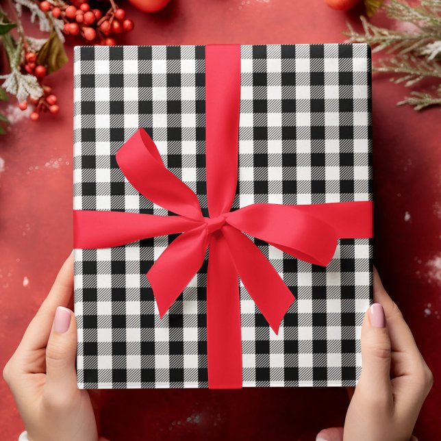 Enkel buffelkontroll Svartvit Mönster-papp Presentpapper (Black and white buffalo check pattern wrapping paper.)