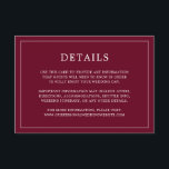 Enkel burgunderfärgad monogram elegant bröllop tilläggskort<br><div class="desc">Enkel bröllopsbiljett med modern men elegant design med dina detaljer omgivna av en tunn ram. All text är vit mot en burgunderfärgad bakgrund. Teckensnitt och bakgrundsfärger kan ändras till valfri färg genom att klicka på "anpassa"-knappen. En chic och stilren design som passar perfekt för ett minimalistiskt par.</div>