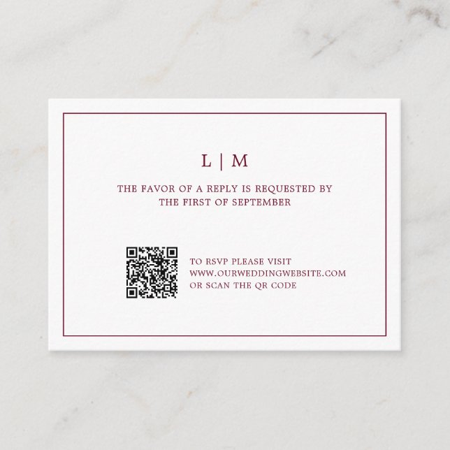 Enkel Burgundy Monogram QR-kod Elegant bröllop Anteckningskort (Framsida)